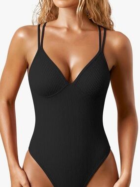 OQQ Black One Piece Crossback V Neck Swimsuit Women’s Size Medium